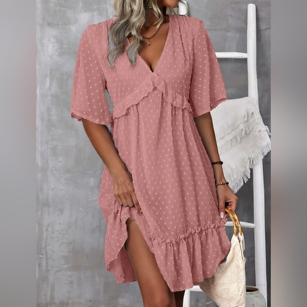 Swiss Dot Ruffel Hem Smock Dress